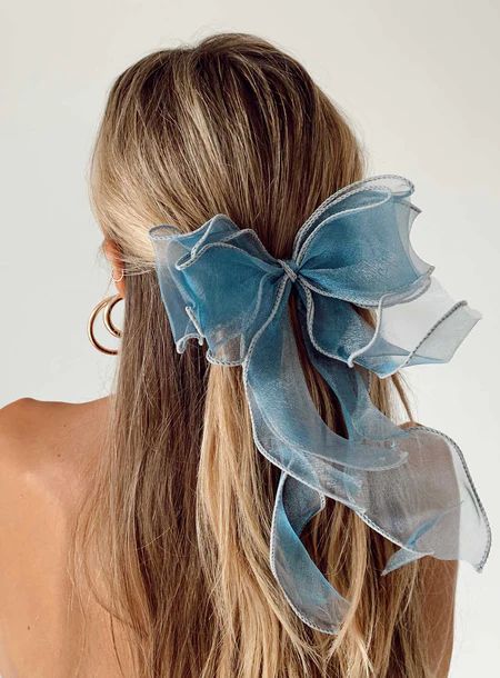 Straight Prom Hair, Bow Hairstyle, Ribbon Hairstyle, Blue Bow, Buy Now Pay Later, Aesthetic Hair, Princess Polly, Scarf Hairstyles, Prom Hair