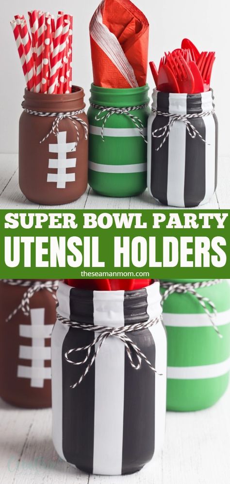 Football Mason Jars Centerpieces, Super Bowl Party Centerpieces, Super Bowl Centerpiece Ideas, Football Banquet Food Ideas, Super Bowl Decorations Ideas, Nfl Party Ideas Decor, Sports Banquet Food Ideas, Football Party Centerpieces Diy, Football Party Decoration Ideas