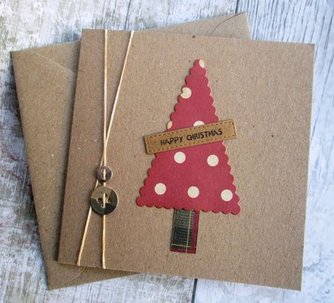 Happy Christmas - Christmas Tree Card - Folksy Fabric Christmas Cards, Handcrafted Christmas Cards, Christmas Tree Card, Simple Christmas Cards, Card Making Ideas, Christmas Sentiments, Cas Cards, Christmas Card Art, Christmas Origami