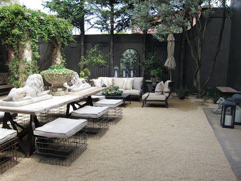 little gravel patio w cool furnishings Restoration Hardware Outdoor, Interior Landscaping, Commercial Exterior, Exterior Landscaping, Garden Obelisk, Outdoor Living Rooms, Outdoor Dining Spaces, Patio Landscaping, Interior Garden