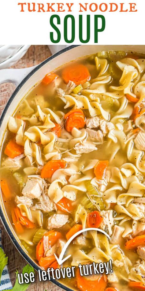 Comfort food for the holidays! Use your leftover holiday turkey to make this Turkey Noodle Soup recipe or substitute shredded chicken any time of the year. Crockpot Turkey Soup Slow Cooker, Heathy Soup, Turkey Soup Crockpot, Cottage Cheese Dessert Recipes, Turkey Noodle Soup, Turkey Soup Recipe, Shugary Sweets, Noodle Soup Recipe, Holiday Turkey