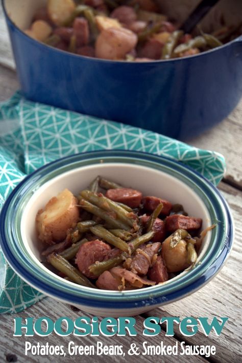 Nothing tastes like summer quite like Hoosier Stew with fresh green beans, red potatoes and smoked sausage that has simmered in caramelized onions. So good. So easy. #5Ingredientsorless Hoosier Stew, Sausage Potatoes Green Beans, Potatoes And Smoked Sausage, Green Beans Red Potatoes, Sausage And Green Beans, Green Beans Potatoes, Best Grill Recipes, Brown Sugar Pork Chops, Beans Potatoes