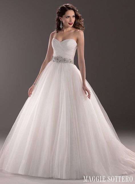 Aleah is a traditional ballgown with a modern makeover, featuring layers of sequin tulle cascading from a crystal belt. Beautiful! Maggie Sottero Wedding Dresses, Wedding Dress Sequin, Kleinfeld Bridal, Wedding Dresses 2014, Wedding Dress Train, A Wedding Dress, Maggie Sottero, Mod Wedding, Ball Gown Dresses