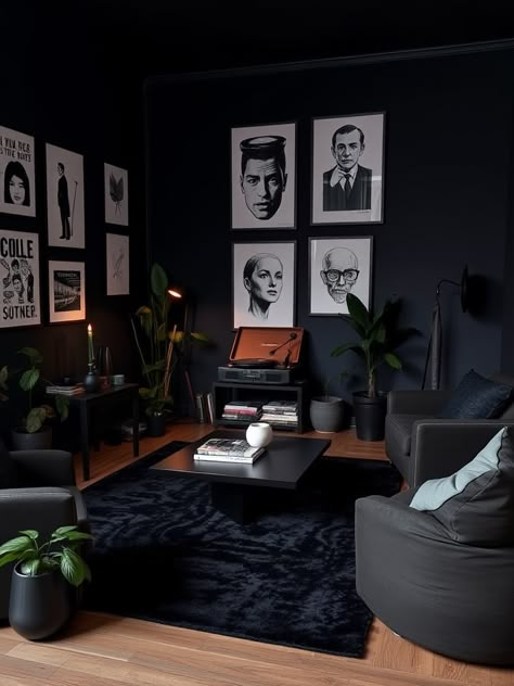 diy craft and home decoration ideas Black Interior Ideas, Dark Minimalist Decor, Dark Home Decor Modern, Dark Color Living Room Ideas, Living Room Designs Dark, Dark Aesthetic Living Room, Dark Apartment Aesthetic, Dark Grey Room, Moody Modern Living Room