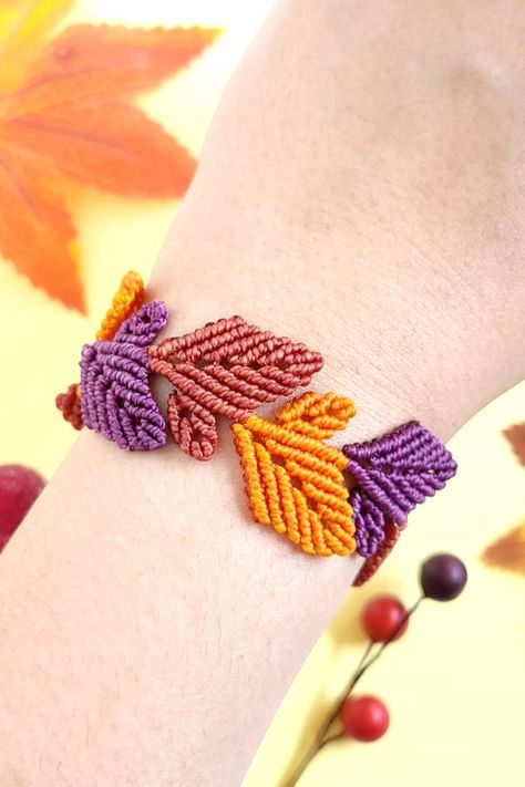 Waterproof Bracelets, Macrame Leaf, Leaf Bracelet, Colors Purple, Golden Yellow, Adjustable Bracelet, Burnt Orange, Wrap Around, Rope Bracelet