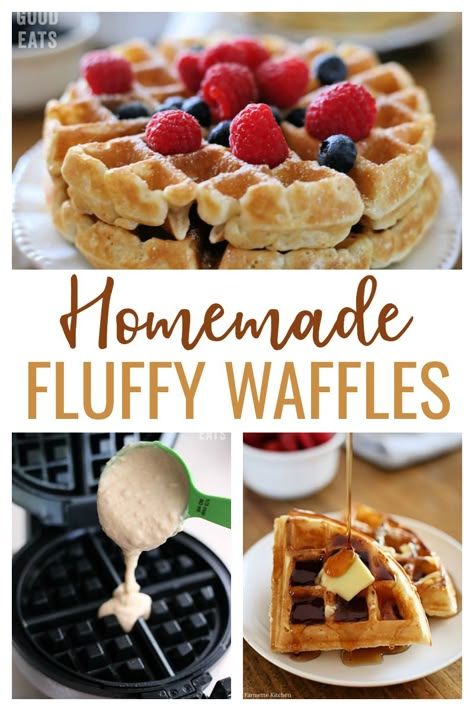 Use this Fluffy Waffle Recipe to make thick, fluffy homemade waffles without the hassle of beating egg whites!  Make a double-batch and freeze for later. Waffle Recipe Without Eggs, Fluffy Waffle Recipe, Homemade Waffles Recipe, Belgium Waffle Recipe, Waffle Batter Recipe, Waffles From Scratch, Beating Egg Whites, Liege Waffles, Belgian Waffles Recipe