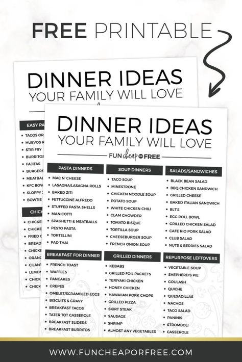 Making a list of your family's favorite dinners is a helpful tip to make meal planning easy! Check out my list of over 100 dinner ideas below to get you started. Dinner Ideas Printable, Dinner Ideas List Free Printable, Meal Planning Ideas Family, American Dinner Ideas, Dinner Ideas List, Dinner Idea List, List Of Dinner Ideas, Camper Meals, Cafe Rio Pork