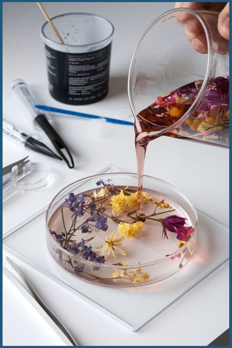 Pouring resin over colorful dried flowers arranged in a petri dish. Epoxy Dried Flowers Diy, How To Put Flowers In Resin, Epoxy Resin Flowers Diy, Pressed Flower Resin Art, Diy Flower Resin, Epoxy Resin Flowers, Pressed Flowers Ideas, Flower Resin Art, Using Dried Flowers