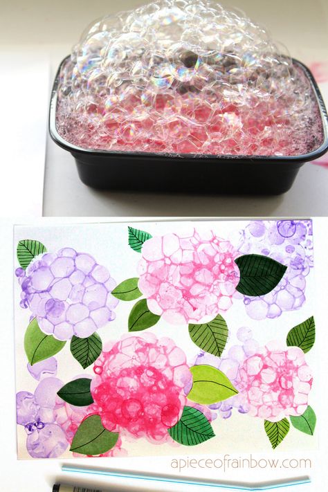 Make beautiful bubble painting Hydrangea flowers! Fun DIY dish soap paint recipe. Great kids art activity & easy beginner watercolor ideas! – A Piece of Rainbow #watercolor #floral activities for kids, art lessons, #painting #artsandcrafts arts and crafts, #art #painting #tutorial #watercolour, watercolour, #aquarelle aquarelle, spring, #spring #flowers Diy Paper Art, Bubble Painting, Watercolor Flowers Tutorial, Art Activities For Kids, Gift Diy, Watercolor Flowers Paintings, Easy Watercolor, Upcycled Crafts, Fun Diy