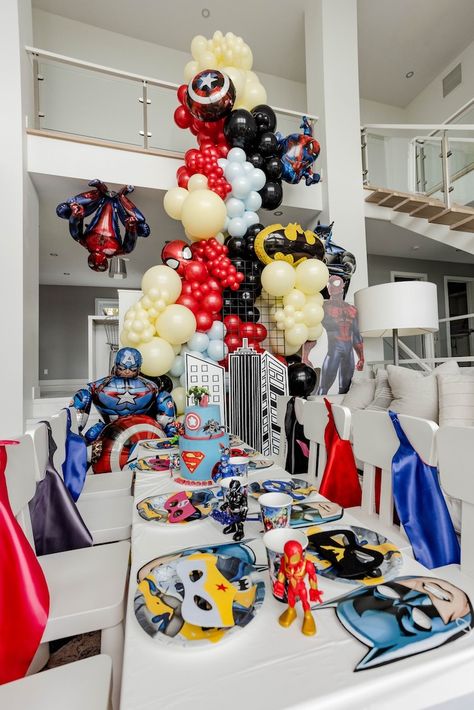 Kara's Party Ideas Big 4 Superhero Party | Kara's Party Ideas Marvel Birthday Party, Marvel Party, Superhero Birthday Cake, Superhero Theme Party, Grid Wall, Quebec City Canada, Fantastic 4, Avenger Birthday Party