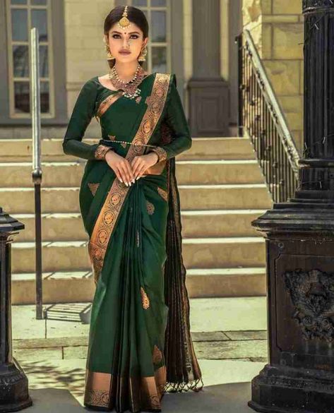 Plain Green Saree With Golden Border Bottle Green Blouse, Bottle Green Saree, Dark Green Blouse, Cultural Wear, Glamorous Saree, Saree Looks, Tamil Wedding, Silk Saree Banarasi, Ready To Wear Saree