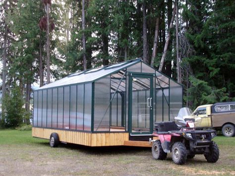 Traditional Greenhouse with Storefront Door on Wheels | BC Greenhouse Builders Ltd. Mobile Greenhouse On Wheels, Green House On Wheels, Portable Greenhouse On Wheels, Greenhouse Trailer, Greenhouse On Wheels, Homestead Community, Mobile Greenhouse, Mobile Gardening, Plant Bench