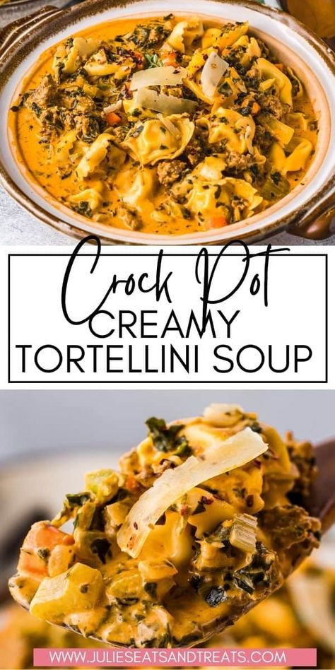 Warm up with a big bowl of this Crock Pot Creamy Tortellini Soup loaded with vegetables, crushed tomatoes, spices and kale. Serve it with crusty bread for an easy dinner. Crock Pot Tortellini Soup, Crock Pot Tortellini, Creamy Tortellini, Creamy Tortellini Soup, Pork Crockpot Recipes, Slow Cooker Dinner Recipes, Best Crockpot Recipes, Mild Italian Sausage, Crockpot Soup Recipes