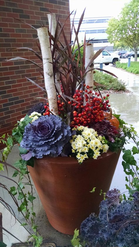 Fall Planter Decorating Ideas, Autumn Flower Pots, Fall Mixed Flower Pots, Mums Front Porch, Mums Front Porch Fall Displays, Fall Planters With Cabbage, Fall Container Gardening, Fall Porch Pots Pots & Planters, Mum Planters