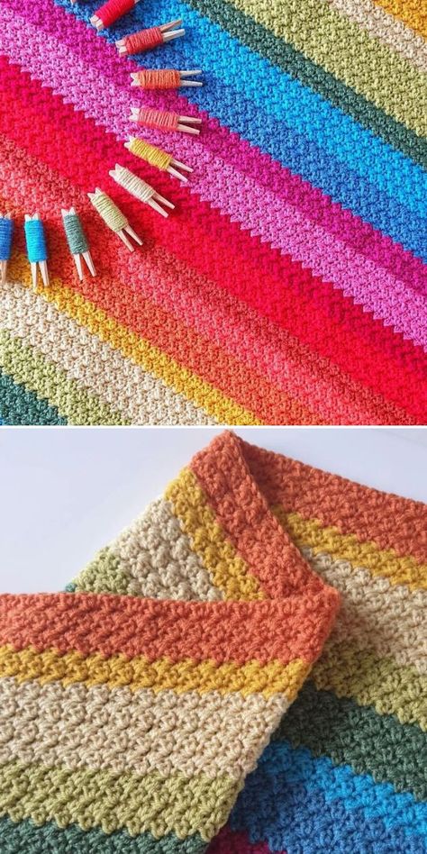 Suzette Stitch Ideas - Resources, Colorways and Inspiration! Suzette Stitch Crochet, Easy Cute Crochet, Scrunchies Crochet, Crochet Blanket Free, Stitch Games, Crochet Blanket Stitch Pattern, Striped Crochet Blanket, Crochet Knit Blanket, Crochet Square Blanket