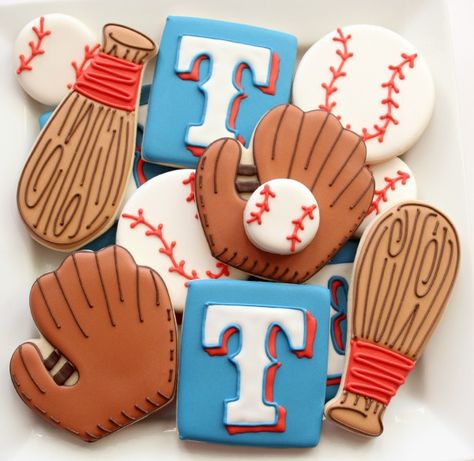 Ranger Cookies, Baseball Cookies, Baseball Theme Birthday, Texas Rangers Baseball, Rangers Baseball, Baseball Birthday Party, Baseball Birthday, Pretty Cookies, Perfect Cookie