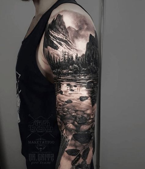 225+ Breathtaking Wilderness Tattoo Ideas (2023) - TattoosBoyGirl Forest Arm Sleeve, Half Sleeve Tattoos For Men Upper Arm Design, Mens Half Sleeve Tattoo Upper Arm, Upper Sleeve Tattoos For Guys, Wilderness Tattoo Sleeve, Nature Tattoo Sleeve Women, Tattoos Mountains, Idaho Nature, Mountain Sleeve Tattoo