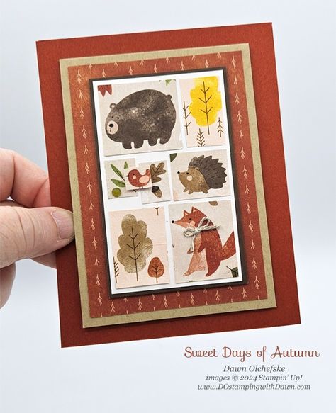 Stampin’ Up! Sweet Days of Autumn Critter Blocking card by Dawn Olchefske #dostamping #HowdSheDOthat #Sep2024ScrapbookingBrochure p Stampin Up Sweet Days Of Autumn Dsp, Sweet Days Of Autumn Dsp, Su Thanksgiving Cards, Stampin Up Fall Cards 2024, Stampin Up More Than Autumn, Forest Critters, Sweet Days, Autumn Cards, Fall Forest