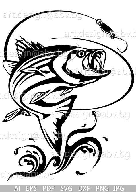 Striped Bass Tattoo, Fish Sketches, Fish On A Hook, Bass Fishing Tattoo, Canoe Art, Fish Outline, Ornament Painting, Fish Template, Image Graphic