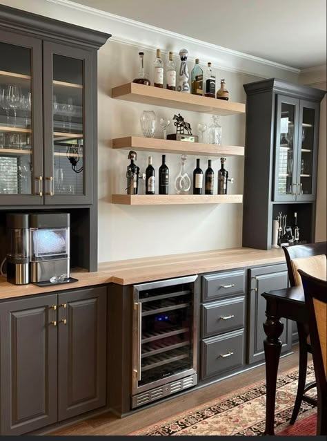 Modern Kitchen Buffet Cabinet, Wine Bar Built In Cabinets, Kitchen Cabinet Different Depth, Kitchen Buffet Area, Bar Wall With Shelves, Modern Farmhouse Shaker Cabinets, Pantry Buffet Cabinet, Bar Coffee Area In Kitchen, Kitchen Cabinets In Dining Area