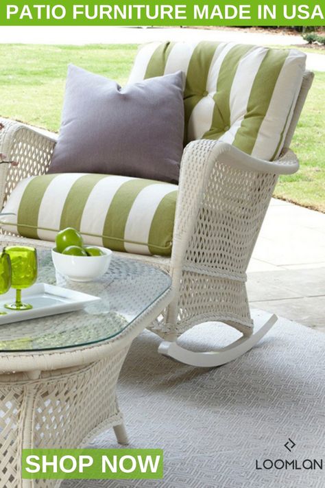 Ideally suited to the lanai, sun room, or front lawn, this collection is perfect for outdoor living and changing seasons. The wicker will not crack or peel and is available in custom color options. Build your patio furniture set with two rust-resistant wicker finishes and an extensive selection of fade-resistant, mildew-resistant, and water-repellent fabrics. Featuring exceptional seating comfort and resilience, inherently mildew/bacteria resistant components, and is environmentally friendly. Rocker Chair, Patio Glider, Lloyd Flanders, Outdoor Lounge Area, Patio Loveseat, Outdoor Sofa Sets, Rocker Chairs, Patio Furniture Set, Front Lawn