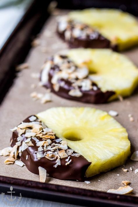 Chocolate Dipped Pineapple Slices with Toasted Coconut | The Beach House Kitchen Chocolate Dipped Pineapple, Pineapple Recipes Healthy, Healthy Fruit Desserts, Pineapple Recipes, Pineapple Slices, Healthy Fruits, Toasted Coconut, Chocolate Dipped, Healthy Sweets