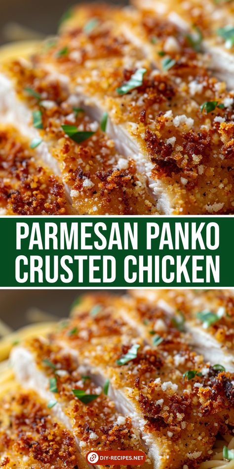 Savor Parmesan Panko Crusted Chicken! Juicy chicken cutlets with a crispy panko and Parmesan coating, enhanced with garlic and oregano. Baked to perfection for a flavorful meal! Parmesan Crusted Chicken With Mayo Baked, Panko And Parmesan Crusted Chicken, Pretzel Crusted Chicken Baked, Baked Chicken Panko Recipes, Crispy Chicken For Salads, Gluten Free Panko Recipes, Crispy Parmesan Chicken Cutlets, Chicken Parmesan Cutlets, Italian Panko Crusted Chicken