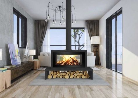 50+ Modern Fireplace Designs & Ideas for 2021 - Don Pedro Standing Fireplace, Double Sided Stove, Two Sided Fireplace, Modern Barndominium, Wood Stove Fireplace, Double Sided Fireplace, Log Holder, Freestanding Fireplace, Custom Fireplace