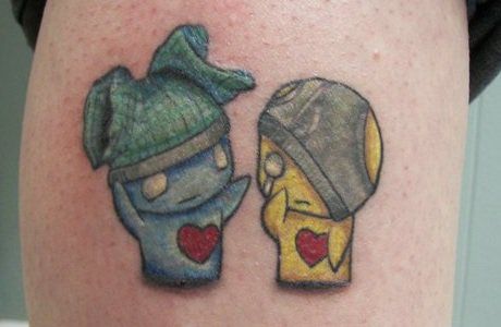 This was my fifth tattoo. I love Pon & Zi, but I really love this particular cartoon. It reminds me of me & my husband. It's on the outside of my right calf. Pon And Zi Tattoo, Pon Zi, Emo Princess, Emo Stuff, Geek Tattoo, Potty Mouth, Matching Tattoos, Body Mods, Future Tattoos