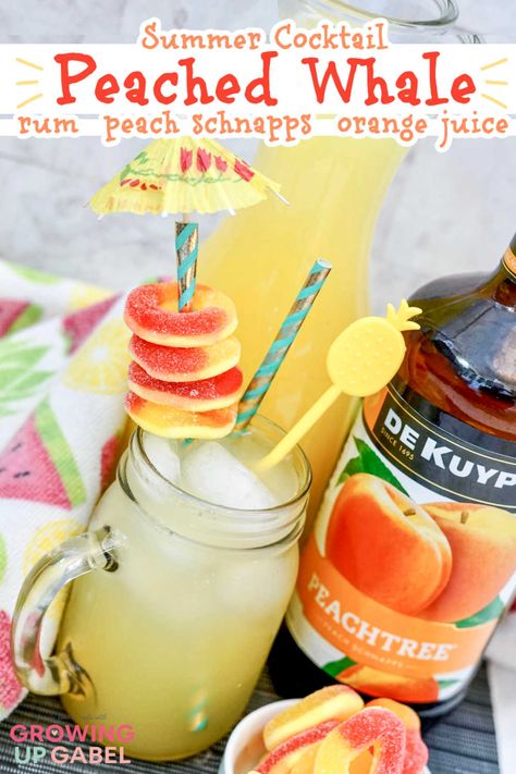 "Peached Whale": A Peach Rum Mixed Drink Cocktail Peached Whale, Peach Schnapps Drinks, Rum And Orange Juice, Rum Mixed Drinks, Peach Rum, Peach Ring, Frozen Cocktail, Frozen Cocktail Recipes, Low Carb Cocktails