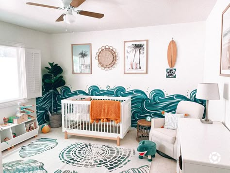 Beach Themed Baby Nursery Decor. California Beach Themed Room Decor . Surf Themed Room Decor Ocean Nursery Furniture, Diy Beach Nursery Decor, Ocean Surf Nursery, Surf Nursery Decor, Nursery Surf Theme, Surfer Themed Nursery, California Themed Nursery, Surfing Theme Nursery, Florida Nursery Theme