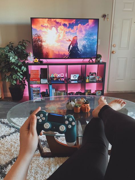 Living Room Game Setup, Console Gaming Setup Living Room, Apartment Decorating Gaming, Gaming Living Room Setup, Gamer Apartment Decor, Gamer Living Room Ideas Cozy, Console Setup Gaming, Video Game Room Aesthetic, Cozy Gamer Living Room