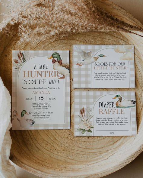 Announce your little boy's arrival with our Duck Hunt themed baby shower invitation template. Personalize with ease and download for instant access. Featuring adorable mallard ducks and a hunting theme, it's perfect for your duck-themed celebration. Get ready to welcome your little 'lucky duck' with this easy-to-edit, printable invitation! ✅ INSTANT ACCESS ✅ EDIT ALL TEXT/FONT & FONT COLOR ✅ PRINT AT HOME OR PROFESSIONALLY ✅ PRINTING SERVICE 👉 https://bit.ly/3MzD1Zf ✅ RELATED ITEMS 👉 https://e Vintage Hunting Baby Shower Theme, Duck Hunting Theme Baby Shower Ideas, Duck Hunting Baby Shower Theme, Mallard Baby Shower Theme, Baby Shower Hunting Theme, Spring Baby Shower Themes For Boys, Mallard Duck Baby Shower Ideas, Baby Boy Baby Shower Themes, Hunting Baby Shower Theme