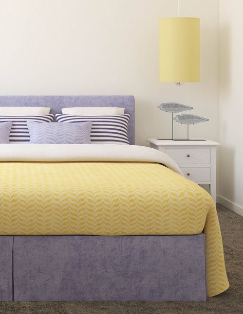 Yellow And Lilac Bedroom, Yellow Purple Bedroom, Lavender And Yellow Bedroom, Purple Bedroom Decor Ideas, Purple And White Bedroom Ideas, Pale Yellow Bedrooms, Dark Purple Bedrooms, Purple And Yellow Bedroom, Purple Headboard