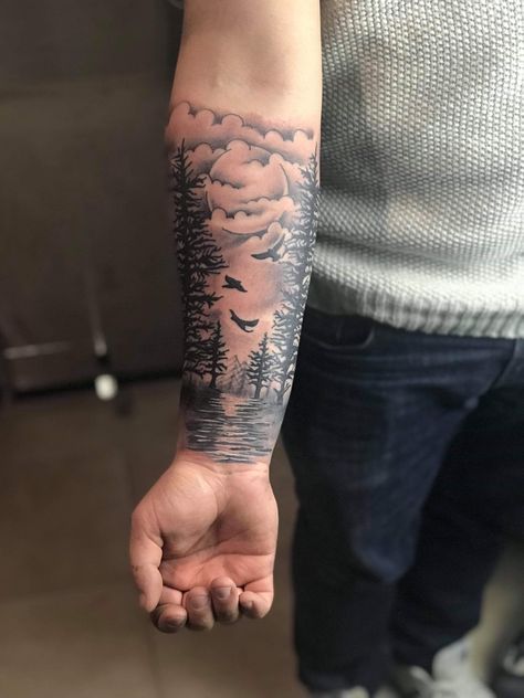 Mens Full Arm Sleeve Tattoo, Waterline Tattoo, Forest Tattoo Sleeve, Forest Forearm Tattoo, Forearm Tattoos For Men, Natur Tattoo Arm, Celtic Tattoos For Men, Tree Sleeve Tattoo, Tree Sleeve