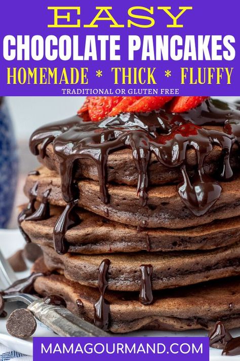 Cocoa Pancakes, Chocolate Pancake Recipe, Double Chocolate Pancakes, Chocolate Chip Pancakes Recipe, Chocolate Pancake, Homemade Pancake Recipe, Chaffle Recipe, Pancakes From Scratch, Dairy Free Chocolate Chips