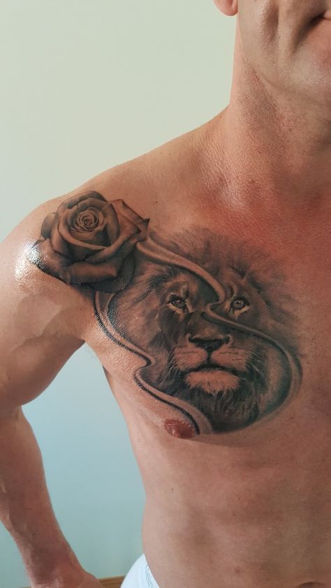 Loving my new lion with black rose tattoo combo. Total sitting time approx 9 hours! By Jay Hutton. Thorn Tattoo, Black Rose Tattoos, Lion Tattoo, Rose Tattoo, Black Rose, Skull Tattoo, Portrait Tattoo, Lion, Tattoos