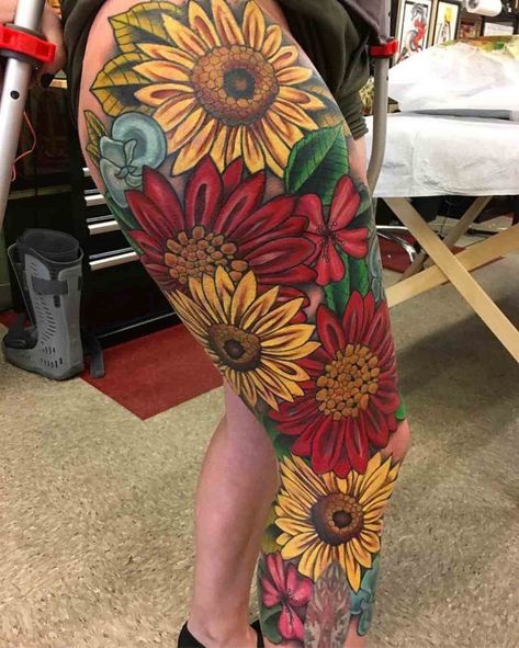 Thigh Sleeve Tattoo, Flower Leg Tattoos, Sunflower Tattoo Sleeve, Sunflower Tattoo Shoulder, Flower Thigh Tattoos, Full Leg Tattoos, Christian Sleeve Tattoo, Tattoos Mandala, Back Of Shoulder Tattoo