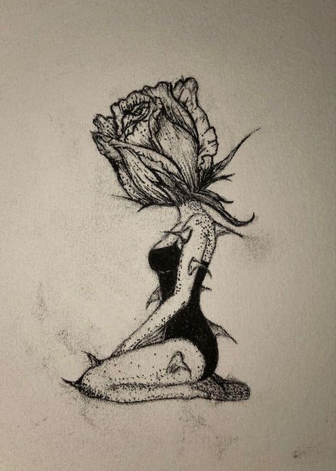 tattoo idea, fragile girl with thorns and a rose for her head Tears Watering Flowers Tattoo, Rose With Thorns Tattoo Design, Rose With Petals Falling Tattoo, Wilted Flowers Tattoo, Roses With Thorns Tattoo, Dead Rose Drawing, Wilting Rose Tattoo, Rose Head Tattoo, Thorn Rose Tattoo