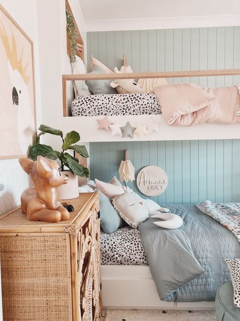 Nov 9, 2020 - Asha and Armani's Shared Girls Room with a Bunk Bed - diy, blue, pink, panelled walls, deer lamp, ikea desks.. Boy And Girl Shared Bedroom, Girls Bunk Beds, Kids Rooms Shared, Shared Girls Room, Kids Rooms Inspo, Kids Shared Bedroom, Shared Girls Bedroom, Shared Kids Room, Decor Ikea