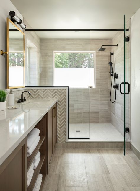 Modern Craftsman In Crestmoor - Transitional - Bathroom - Denver - by Factor Design Build | Houzz Master Bath Remodel Neutral, Neutral Master Shower Ideas, Large Neutral Bathroom Tile, Neutral Shower Tile Master Bath, Master Bath Large Tile, Master Shower Tile Ideas Farmhouse, Bathroom Tiles Neutral, Shower Tile Ideas With Window, Transitional Bathroom Tile