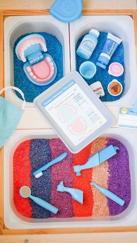 livethescottcottage on Instagram: Dentist Sensory Play 💡 My little guy loves the dentist and here’s why! 💡 a few weeks back we went to the dentist - it was Q’s first time… Dentist Sensory Bin, Dental Sensory Bin, Toddler Table, Homeschool Preschool Activities, Sensory Boards, Up Theme, Sensory Table, Small World Play, Classroom Setting