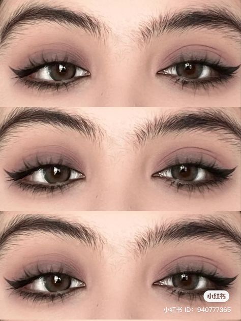 Eye Looks For Round Eyes, Minimal Dark Makeup, Black Water Line Eye Makeup, Muted Makeup Looks, Subtle Black Eye Makeup, Winged Eyeliner Aesthetic, Round Hooded Eyes Makeup, Almond Eye Makeup Looks, Cool Tone Eye Makeup