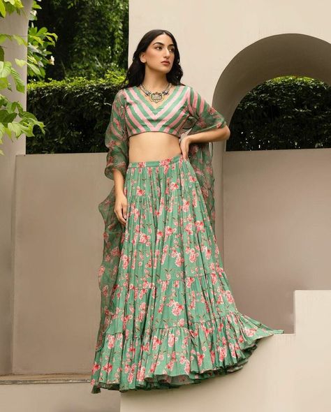 Gathered Lehenga, Floral Print Lehenga, Print Lehenga, Blouse Lehenga, Stripe Blouse, Off Shoulder Dresses, Green Floral Print, Organza Dupatta, Striped Blouse