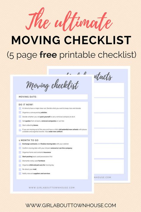 Ultimate moving checklist free printable. If you're moving house this 5 page free printable list is packed full with moving tips. Everything you need for an organised move. House Packing List Moving Checklist, Moving Checklist Printable, Moving Printables, Moving List, Moving House Checklist, Moving Planner, Moving House Tips, Moving Hacks, Organizing For A Move