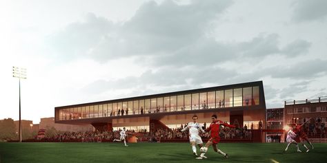 Image 4 of 4 from gallery of Sports Facility / sam architecture. © Nicholas Gagnon Sports Pavilion, Sport Architecture, Sports Architecture, Sports Facility Architecture, Sports Facility, Clubhouse Design, Sports Hall, Soccer Stadium, Public Architecture