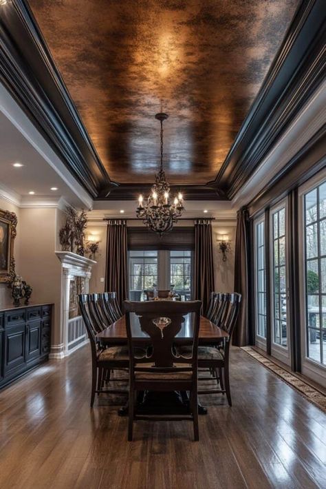 accent ceiling idea Raised Ceiling Ideas, Italian Ceiling Design, Interior Ceiling Ideas, Metal Ceiling Design, Modern Classic Ceiling, Dark Painted Ceiling, Accent Ceiling Ideas, Tray Ceiling Ideas, Copper Ceiling Tiles