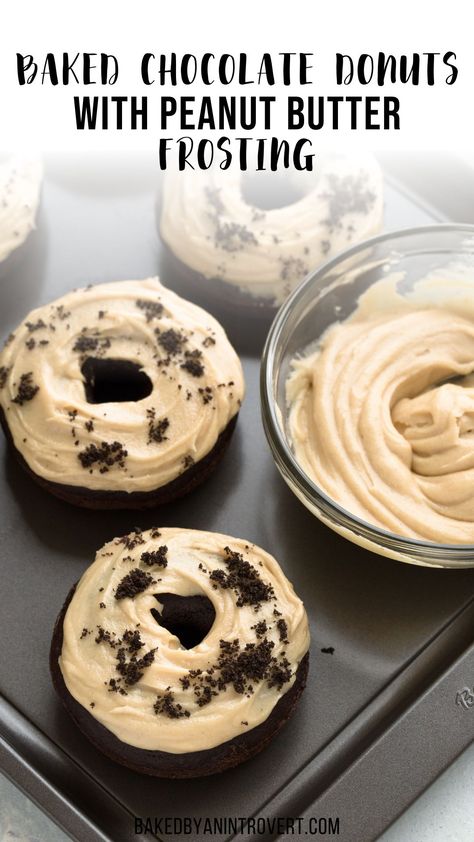 These Baked Chocolate Donuts with Peanut Butter Frosting will take you back to your childhood when things were simpler. They are a reminder of just how tasty breakfast can be. This chocolate donut recipe will give you the best-baked donuts you've ever had. Bronut Ideas, Donut Frosting Recipe, Baked Donuts With Donut Pan, Cake Doughnuts, Doughnut Muffins, Easy Donut Recipe, Donuts Donuts, Easy Donuts, Homemade Donuts Recipe