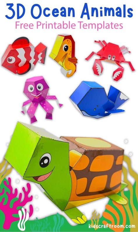 Enjoy 6 free printable 3D Ocean Animal Crafts. Perfect as a summer craft for kids, this activity invites little hands to make, play, and discover the wonders of these adorable sea creatures. 3d Sea Animals, Diy Ocean Decor, Cute Sea Creatures, Ocean Animal Crafts, Insect Coloring Pages, Jellyfish Craft, Fun Summer Crafts, Free Printable Crafts, Animal Templates