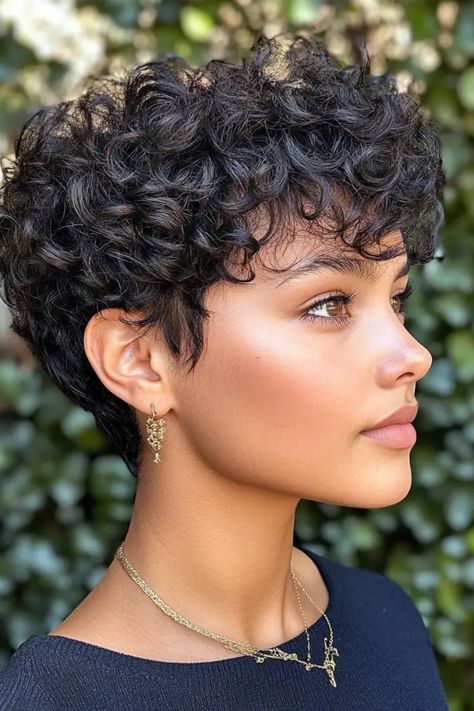 Person with short curly hair and earrings, wearing a necklace, looking to the right with a background of green leaves. Short Bob Curly Haircuts, Short Brown Hair With Lowlights, Pixie Hairstyles Curly Hair, Quick Weave Curly Hairstyles, Pixie Curly Haircut, Short Curls Hairstyles, Pixie Curly Hairstyles, Styled Edges, Short Curly Pixie Hairstyles